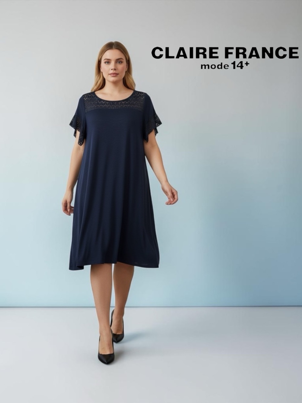 Claire France, 2X Plus Size, Navy Lace Midi Dress Stretch Flutter Slee